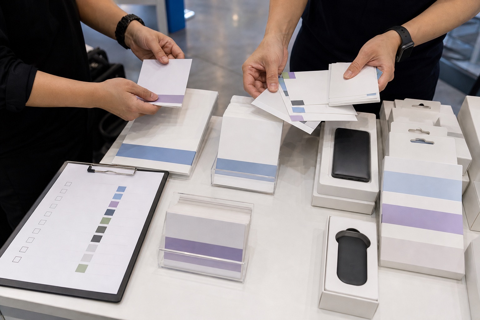 香港科技展位工作桌上，兩位職員以空白卡片、色塊和核對表整理即場更新版本