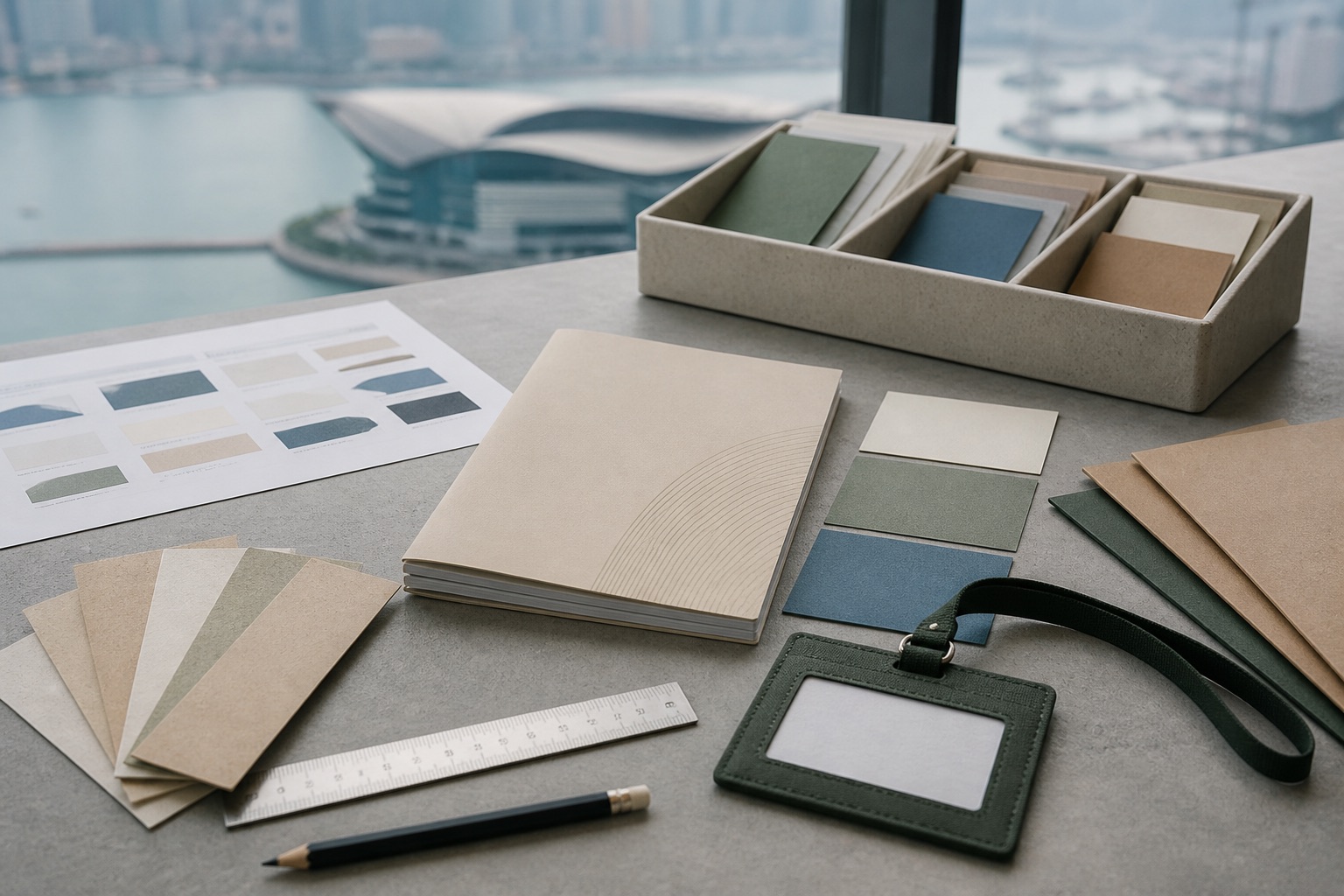 香港創意工作室桌上擺放無品牌活動手冊、紙張色樣、空白名牌、金屬尺與物料分類盒
