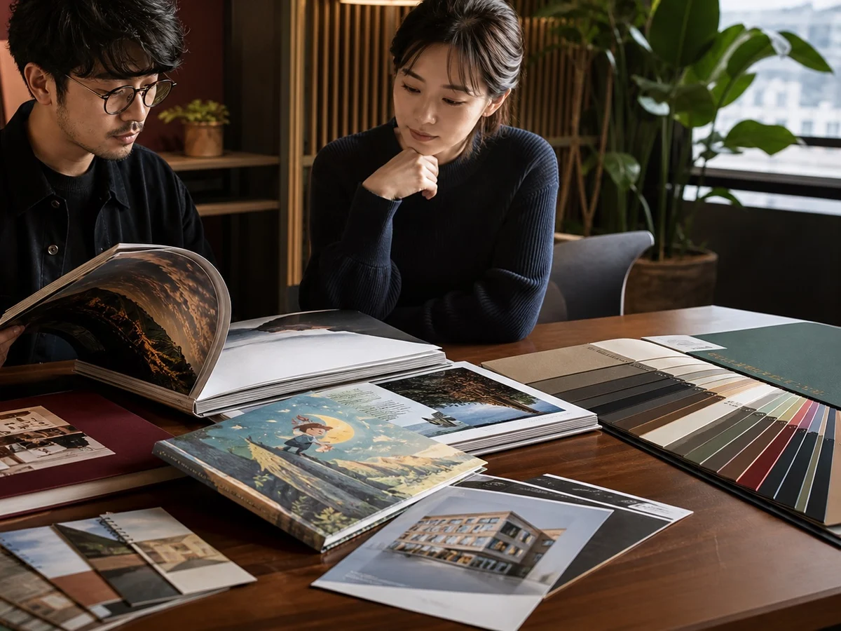 項目團隊核對紙張、色樣、書刊樣本與成品效果