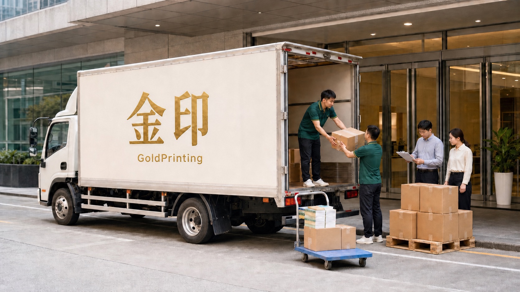 金色金印與GoldPrinting標識貨車把已裝箱成品送到客戶公司樓下