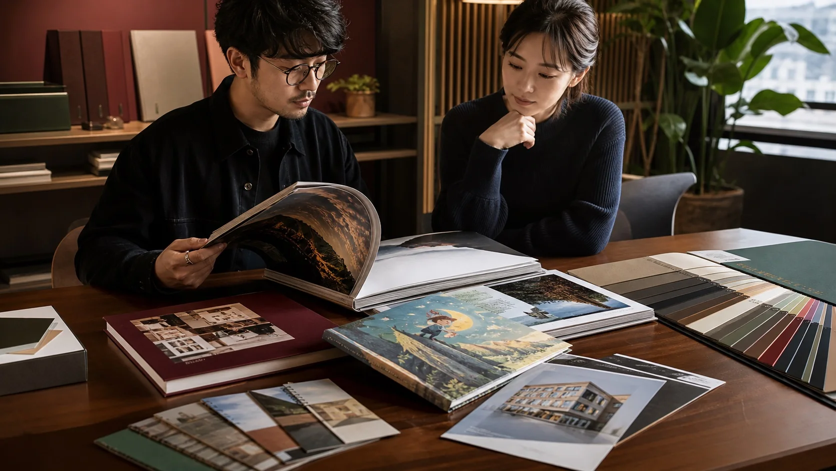 印刷專員與客戶檢視多種書刊與紙樣